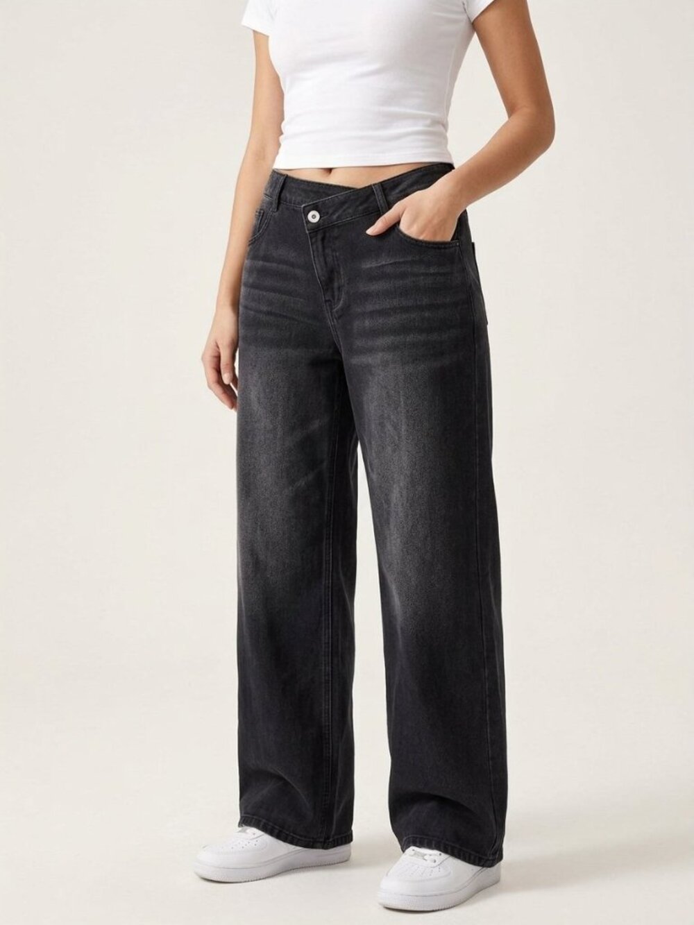 Halara Flex Asymmetric Low Rise Baggy Wide Leg Jeans Washed Black | Size M